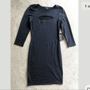Express Navy Blue Silver Sparkle Cut Out Dress 3/4 Sleeve Size XS New Glitter